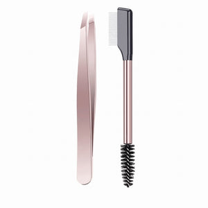 US Lashes and Brows Touch Up Eyebrow Styling Kit - Beauty Care Makeup Tool with Lightweight Precision Stainless Steel Tweezers, Dual-Ended Comb, Mascara Lash Separator, Rose Gold for Natural Brows Maintenance
