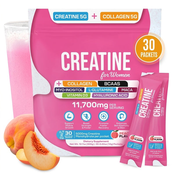 Creatine for Women, 5g Creatine Monohydrate + 5g Collagen Powder, Myo-Inositol & BCAA, MACA, Hyaluronic Acid, Delicious Peach Flavor, 30 Packets, All-in-One Women Wellness Supplement