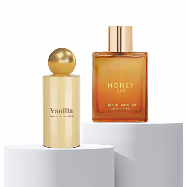 Luxury Honey Oud & Vanilla Perfume Combo | Unisex Eau De Parfum Gift Set | Long Lasting Floral, Spicy & Musky Fragrances | 2 x 100ml | Premium, Elegant & Cruelty-Free Perfume Duo