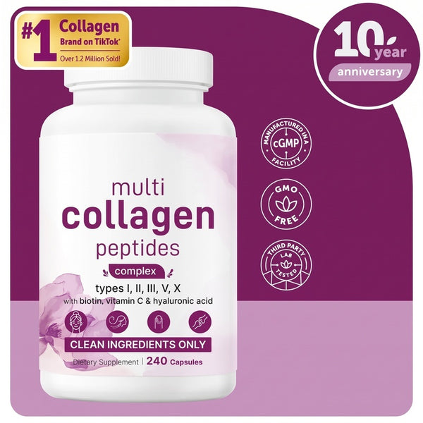 Multi Collagen Peptides Powder - Hydrolyzed Protein Peptides (Type I,II,III,V,X) with Hyaluronic Acid, Biotin & Vitamin C Unflavored