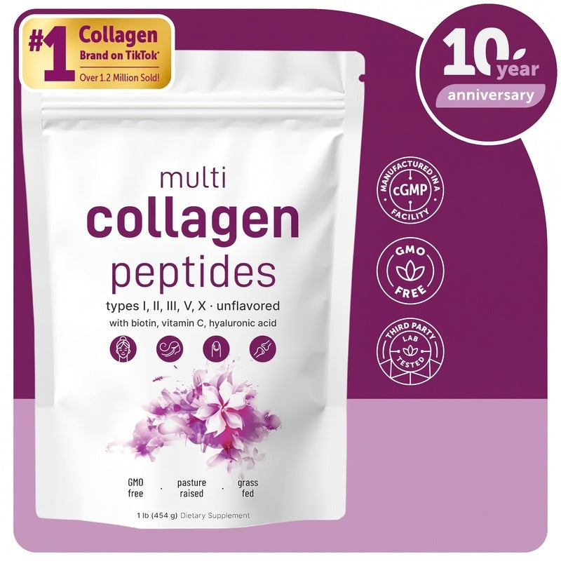 Multi Collagen Peptides Powder - Hydrolyzed Protein Peptides (Type I,II,III,V,X) with Hyaluronic Acid, Biotin & Vitamin C Unflavored