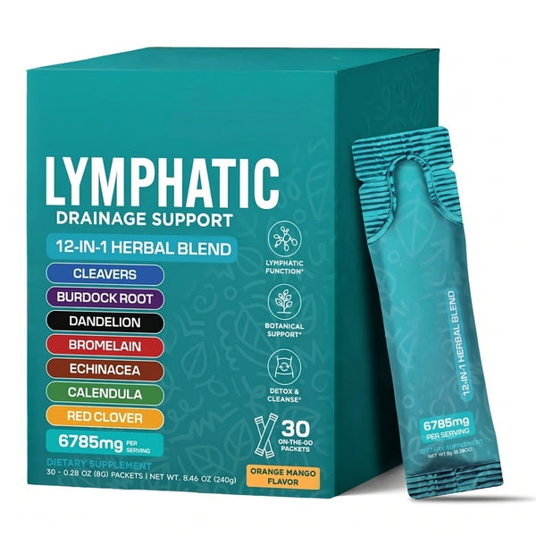Lymphatic Drainage Support – 12-in-1 Herbal Blend with Cleavers, Burdock Root, Dandelion & Echinacea, Debloat & Detox Drink, Sugar Free, Orange Mango, 30 Stick Packs