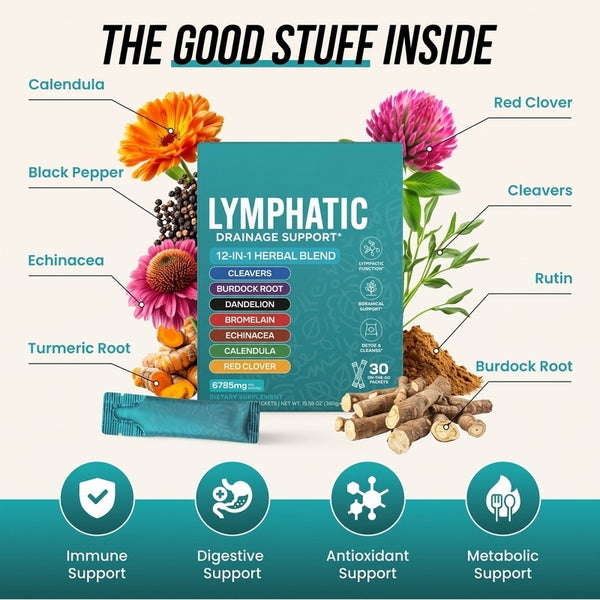 Lymphatic Drainage Support – 12-in-1 Herbal Blend with Cleavers, Burdock Root, Dandelion & Echinacea, Debloat & Detox Drink, Sugar Free, Orange Mango, 30 Stick Packs