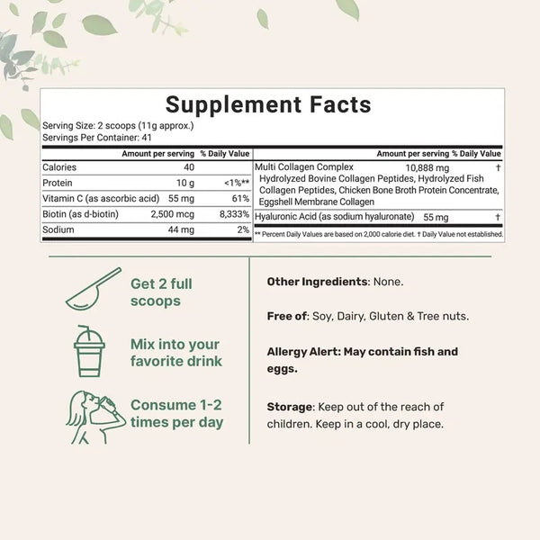 Multi Collagen Peptides Powder - Hydrolyzed Protein Peptides (Type I,II,III,V,X) with Hyaluronic Acid, Biotin & Vitamin C Unflavored