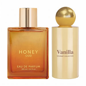 Luxury Honey Oud & Vanilla Perfume Combo | Unisex Eau De Parfum Gift Set | Long Lasting Floral, Spicy & Musky Fragrances | 2 x 100ml | Premium, Elegant & Cruelty-Free Perfume Duo