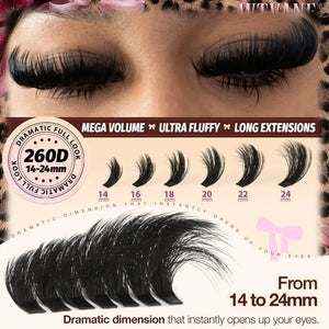 280Pcs Thick Lash Clusters 260D Dramatic Lash Clusters 14 24mm Mega Volume Cluster Eyelash Extensions D Curl Fluff Individual Lash Clusters with Soft Thin Band Professional Salon Lash Extensions Look Ultra Dense & Long Extensions Empress Look