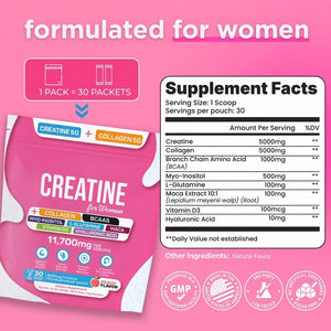 Creatine for Women, 5g Creatine Monohydrate + 5g Collagen Powder, Myo-Inositol & BCAA, MACA, Hyaluronic Acid, Delicious Peach Flavor, 30 Packets, All-in-One Women Wellness Supplement