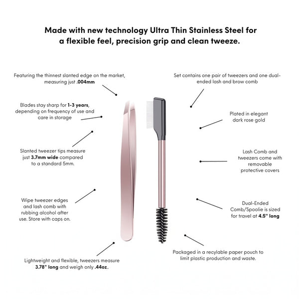 US Lashes and Brows Touch Up Eyebrow Styling Kit - Beauty Care Makeup Tool with Lightweight Precision Stainless Steel Tweezers, Dual-Ended Comb, Mascara Lash Separator, Rose Gold for Natural Brows Maintenance
