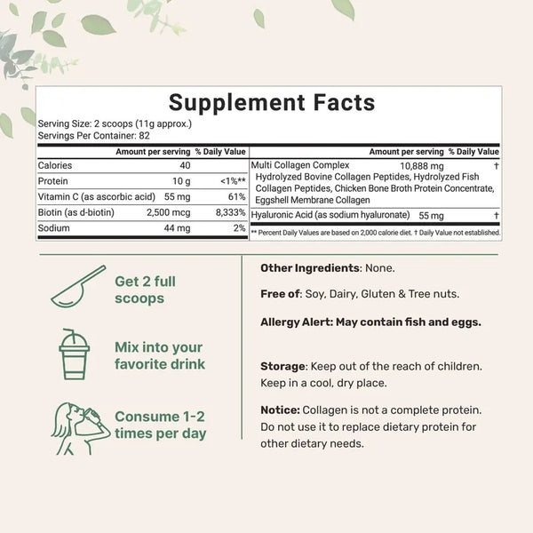 Multi Collagen Peptides Powder - Hydrolyzed Protein Peptides (Type I,II,III,V,X) with Hyaluronic Acid, Biotin & Vitamin C Unflavored