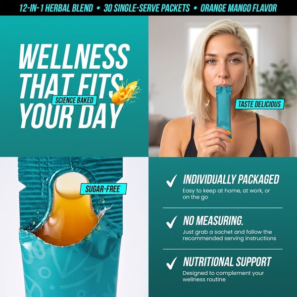 Lymphatic Drainage Support – 12-in-1 Herbal Blend with Cleavers, Burdock Root, Dandelion & Echinacea, Debloat & Detox Drink, Sugar Free, Orange Mango, 30 Stick Packs