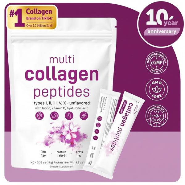 Multi Collagen Peptides Powder - Hydrolyzed Protein Peptides (Type I,II,III,V,X) with Hyaluronic Acid, Biotin & Vitamin C Unflavored