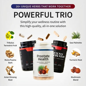 Ultimate Men's Health Trio - Testo Booster + Prostate Health + Nitric Oxide Booster - Supports Testosterone Production - D-Aspartic Acid & 14 Plants - 3rd Party Tested - Boost Blood Flow & Stamina - Muscle Mass & Performance Booster