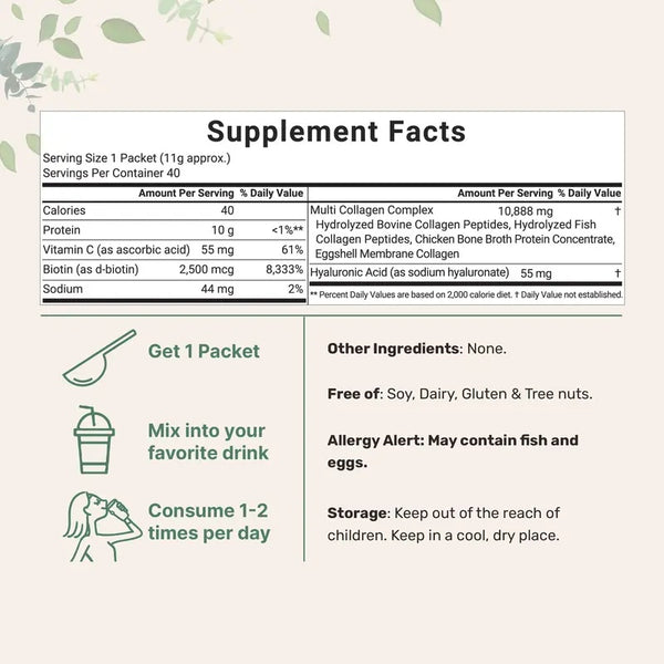 Multi Collagen Peptides Powder - Hydrolyzed Protein Peptides (Type I,II,III,V,X) with Hyaluronic Acid, Biotin & Vitamin C Unflavored