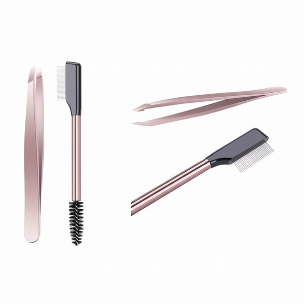 US Lashes and Brows Touch Up Eyebrow Styling Kit - Beauty Care Makeup Tool with Lightweight Precision Stainless Steel Tweezers, Dual-Ended Comb, Mascara Lash Separator, Rose Gold for Natural Brows Maintenance
