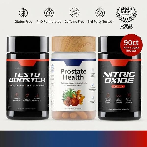 Ultimate Men's Health Trio - Testo Booster + Prostate Health + Nitric Oxide Booster - Supports Testosterone Production - D-Aspartic Acid & 14 Plants - 3rd Party Tested - Boost Blood Flow & Stamina - Muscle Mass & Performance Booster