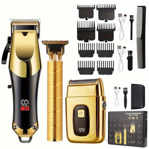 Professional Three-Piece Hair Clippers Set for Men, USB Rechargeable