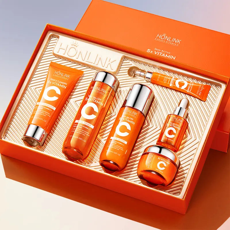 Korean 5X Vitamin C Skincare Set with Cleanser, Toner, Serum, Lotion, Eye and Face Cream
