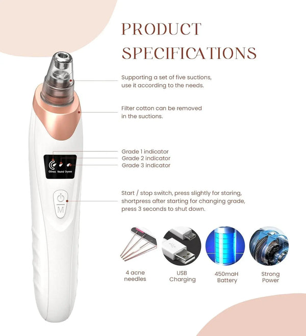 Blackhead Remover Pore Vacuum, USB Rechargeable, 3 Suction Levels