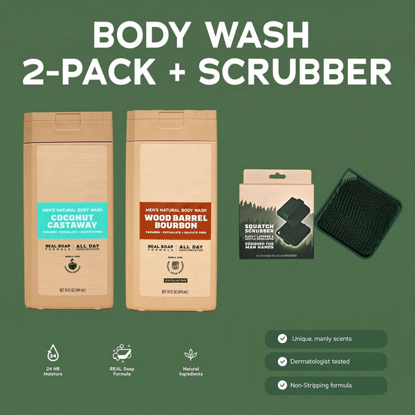 Natural Body Wash 2-Pack + Scrubber for Men, Choose Your Scents