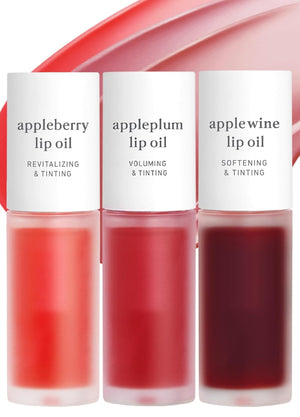 Korean Lip Oil Trio – Appleberry, Appleplum & Applewine, Sheer Tinted Gloss Set