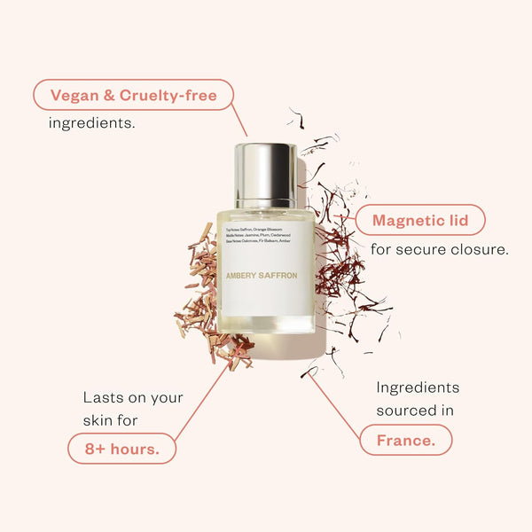 Ambery Saffron Eau de Parfum featuring Warm Spicy Woody Notes, Vegan