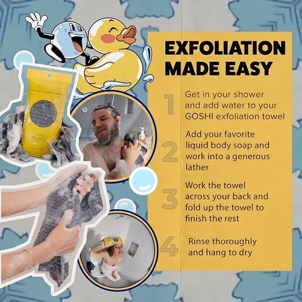 Exfoliating Shower Bath Towel, Rip-Resistant Body Scrubber, Japan