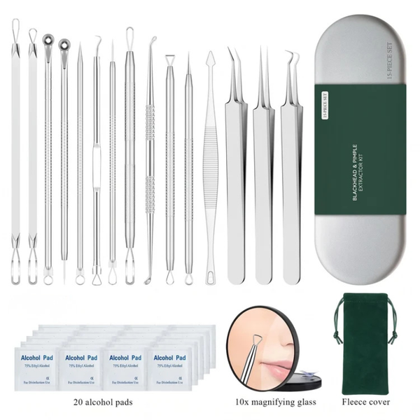15pcs Blackhead Remover & Pore Extractor Kit, Stainless Steel