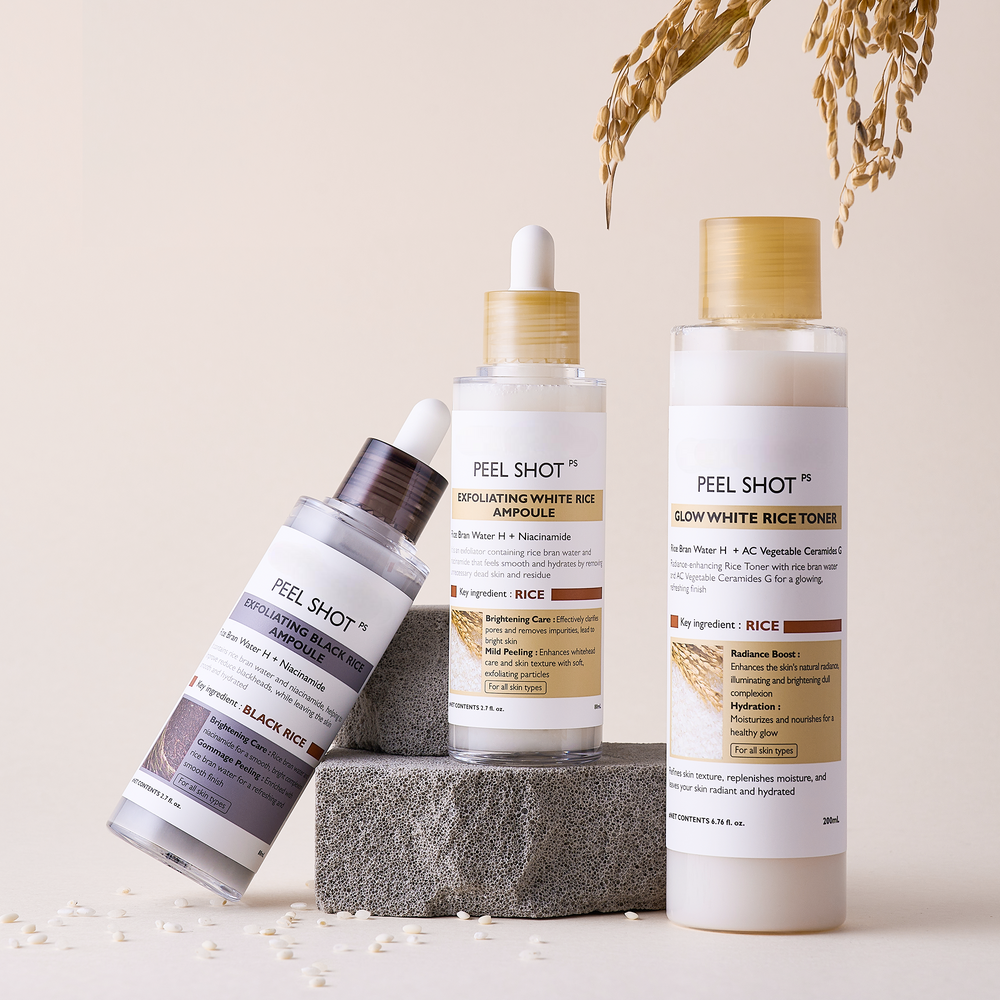 Korean Skincare Set with Black Rice Ampoule, White Rice Ampoule and Toner