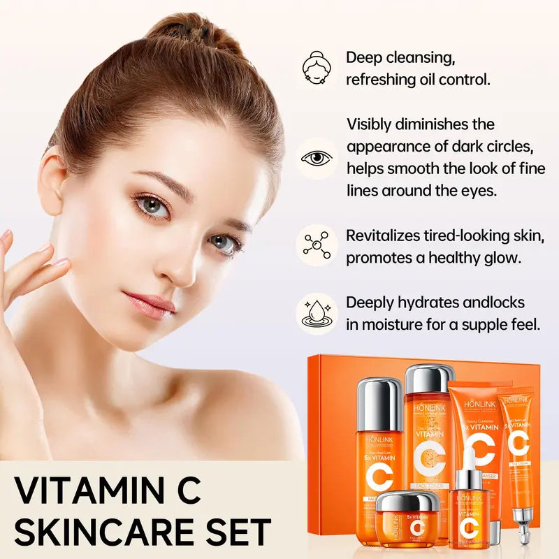 Korean 5X Vitamin C Skincare Set with Cleanser, Toner, Serum, Lotion, Eye and Face Cream