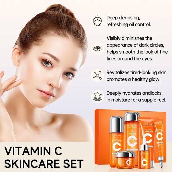 Korean 5X Vitamin C Skincare Set with Cleanser, Toner, Serum, Lotion, Eye and Face Cream