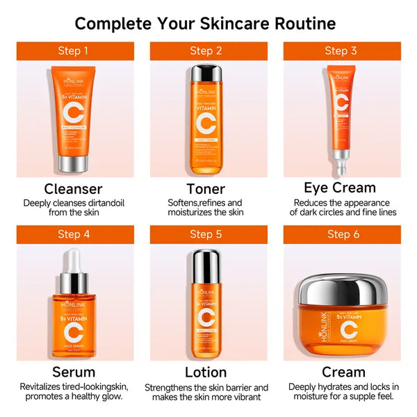 Korean 5X Vitamin C Skincare Set with Cleanser, Toner, Serum, Lotion, Eye and Face Cream
