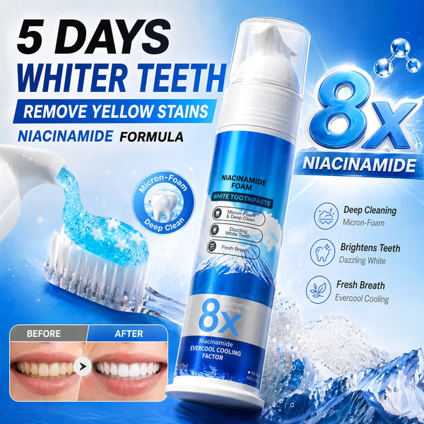 8X Niacinamide Foaming Toothpaste for Teeth Whitening, Stain Removal & Fresh Breath